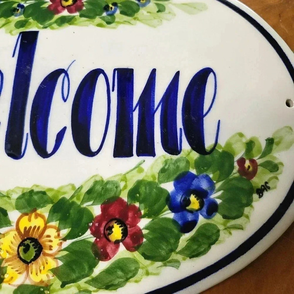 WELCOME SLATE SIGN Flowers Hanging Garden In/Outdoor Hand Paint Oval - Picture 3 of 8